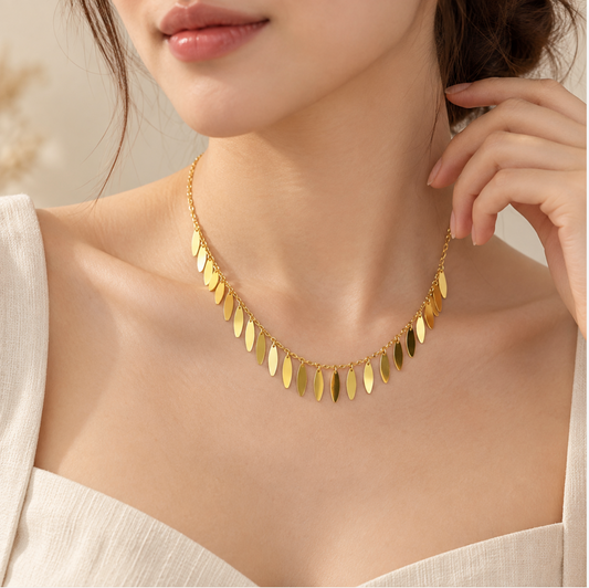 18K Solid Gold Willow Leaf Fringe Choker