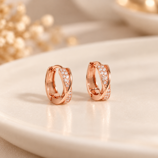 18K Solid Rose Gold Pavé Cross Huggie Earrings