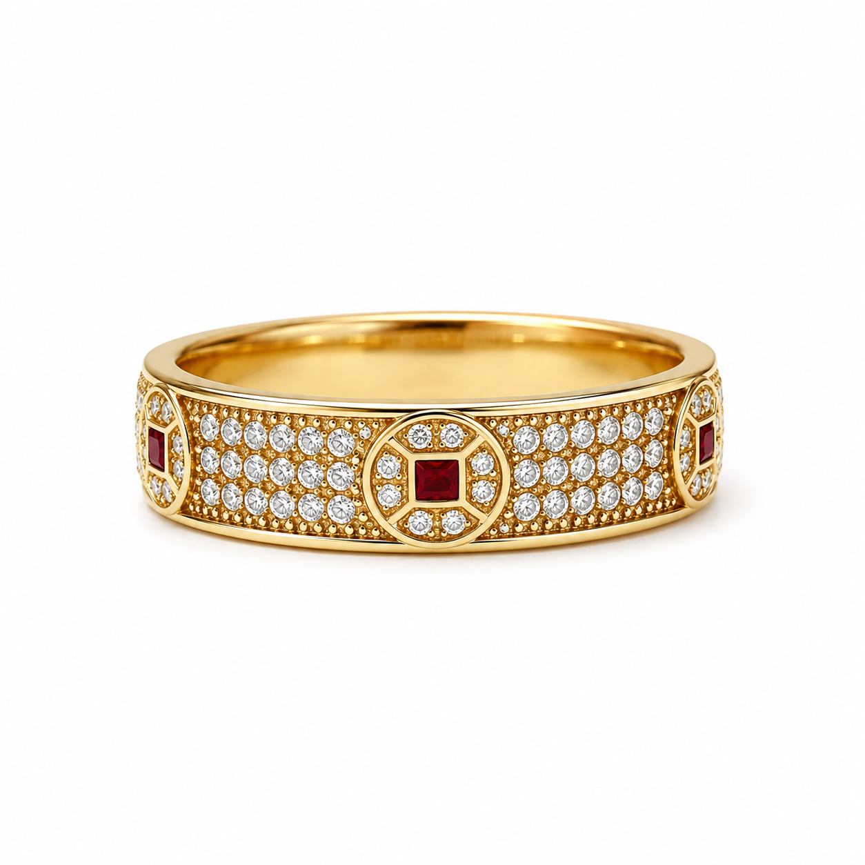 18K Solid Gold Geometric Pavé Ring, Yellow Gold Red Gemstone Band, Moissanite Unisex Jewelry