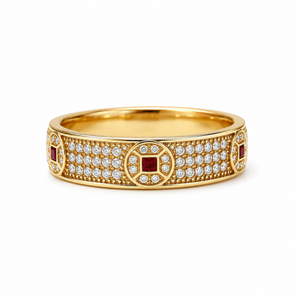 18K Solid Gold Geometric Pavé Ring, Yellow Gold Red Gemstone Band, Moissanite Unisex Jewelry