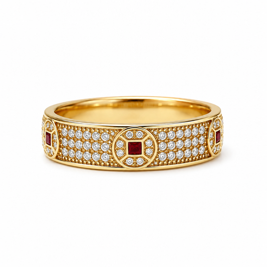 18K Solid Gold Geometric Pavé Ring, Yellow Gold Red Gemstone Band, Moissanite Unisex Jewelry