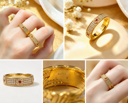 18K Solid Gold Geometric Pavé Ring, Yellow Gold Red Gemstone Band, Moissanite Unisex Jewelry