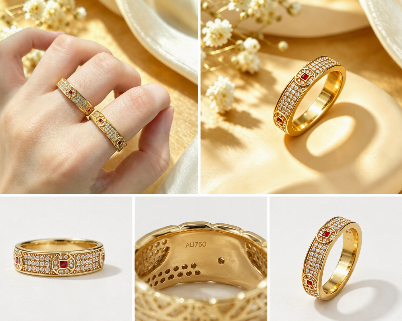 18K Solid Gold Geometric Pavé Ring, Yellow Gold Red Gemstone Band, Moissanite Unisex Jewelry
