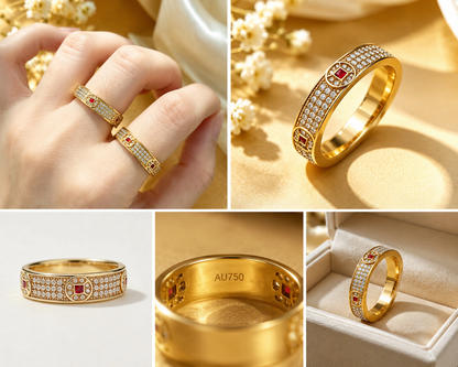 18K Solid Gold Geometric Pavé Ring, Yellow Gold Red Gemstone Band, Moissanite Unisex Jewelry