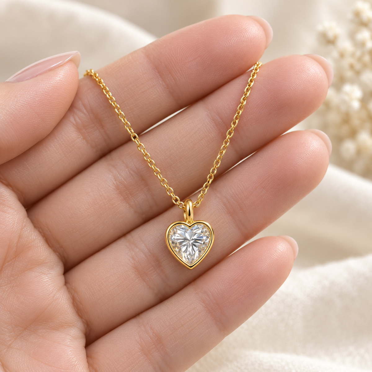 18K Solid Gold Moissanite Heart Pendant Necklace