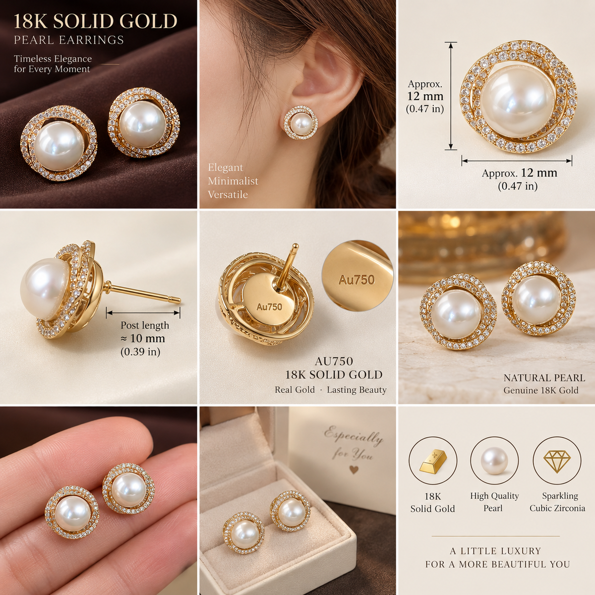 18K Solid Gold Pavé Pearl Halo Studs