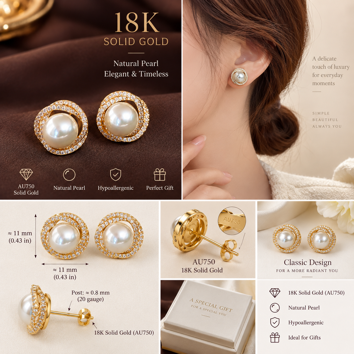 18K Solid Gold Pavé Pearl Halo Studs