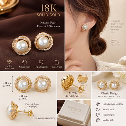 18K Solid Gold Pavé Pearl Halo Studs