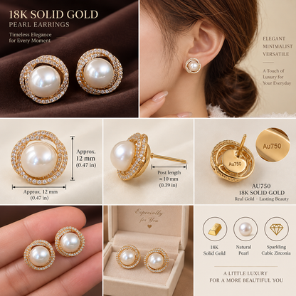 18K Solid Gold Pavé Pearl Halo Studs