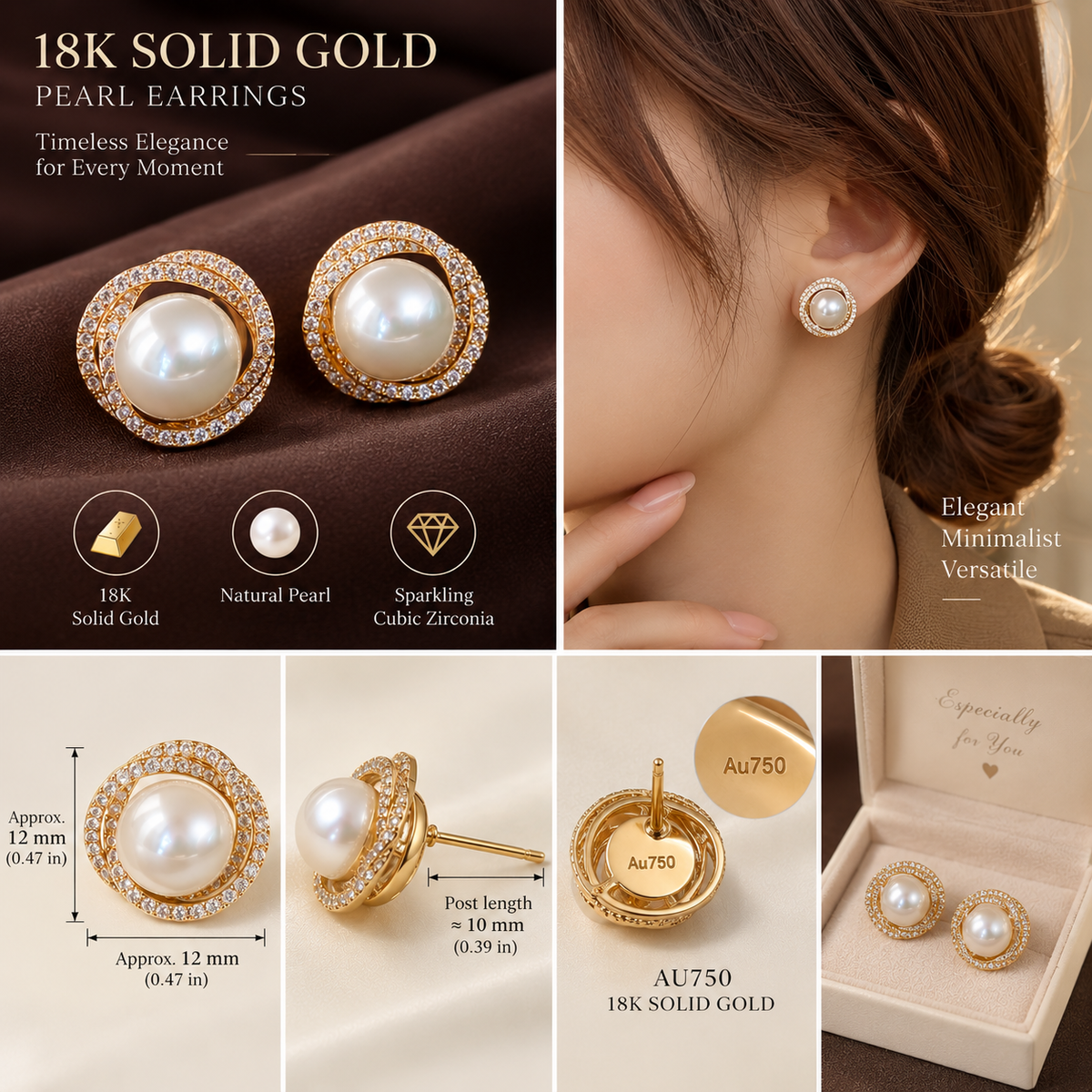 18K Solid Gold Pavé Pearl Halo Studs