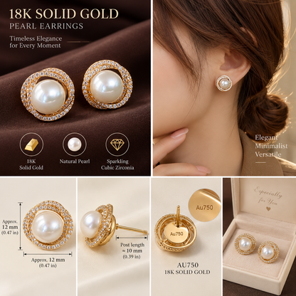 18K Solid Gold Pavé Pearl Halo Studs