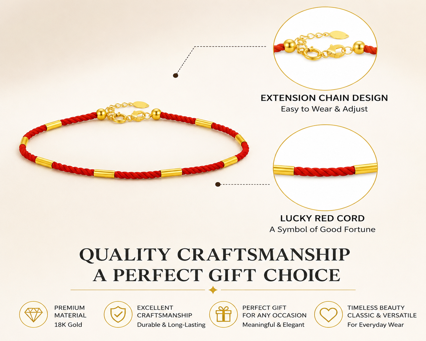 18K Solid Gold Red Cord Bracelet, AU750 Yellow Gold Lucky Clasp, Minimalist Adjustable Jewelry