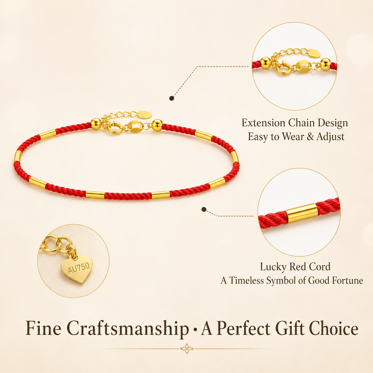 18K Solid Gold Red Cord Bracelet, AU750 Yellow Gold Lucky Clasp, Minimalist Adjustable Jewelry
