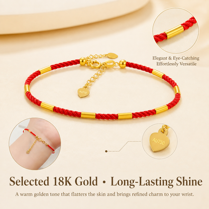 18K Solid Gold Red Cord Bracelet, AU750 Yellow Gold Lucky Clasp, Minimalist Adjustable Jewelry