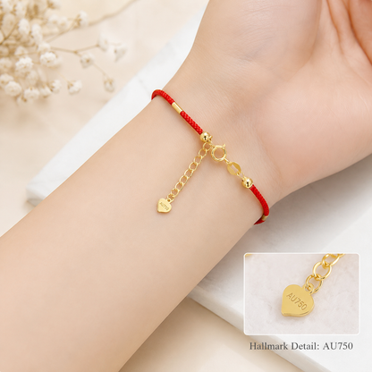 18K Solid Gold Red Cord Bracelet, AU750 Yellow Gold Lucky Clasp, Minimalist Adjustable Jewelry