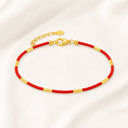 18K Solid Gold Red Cord Bracelet, AU750 Yellow Gold Lucky Clasp, Minimalist Adjustable Jewelry