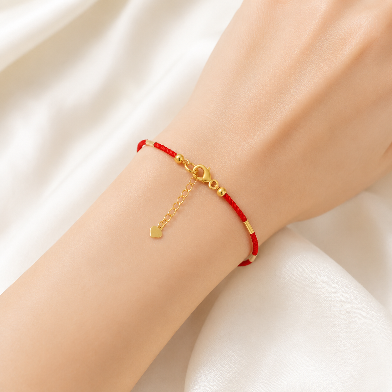 18K Solid Gold Red Cord Bracelet, AU750 Yellow Gold Lucky Clasp, Minimalist Adjustable Jewelry