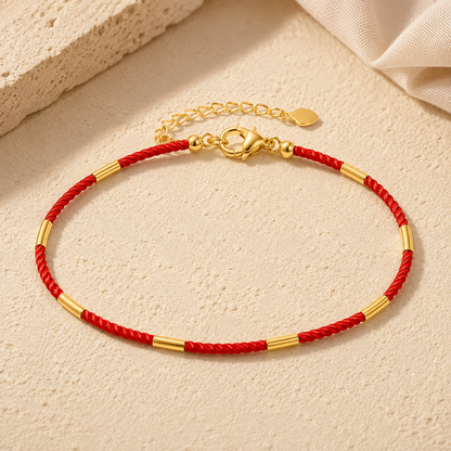 18K Solid Gold Red Cord Bracelet, AU750 Yellow Gold Lucky Clasp, Minimalist Adjustable Jewelry