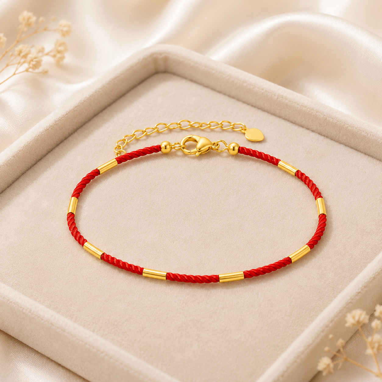 18K Solid Gold Red Cord Bracelet, AU750 Yellow Gold Lucky Clasp, Minimalist Adjustable Jewelry