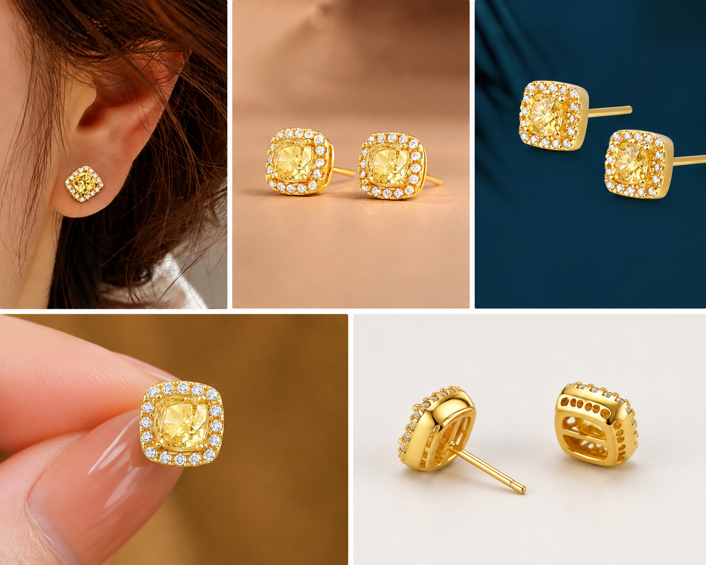 18K Solid Gold Cushion Halo Stud Earrings – AU750