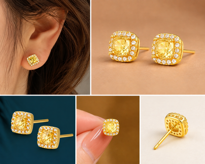 18K Solid Gold Cushion Halo Stud Earrings – AU750