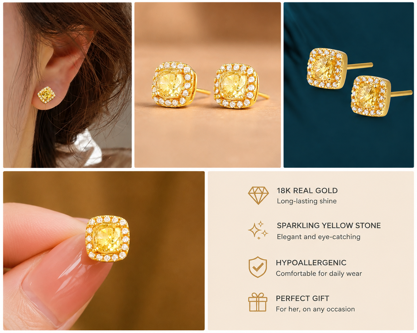 18K Solid Gold Cushion Halo Stud Earrings – AU750