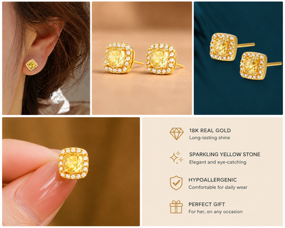 18K Solid Gold Cushion Halo Stud Earrings – AU750