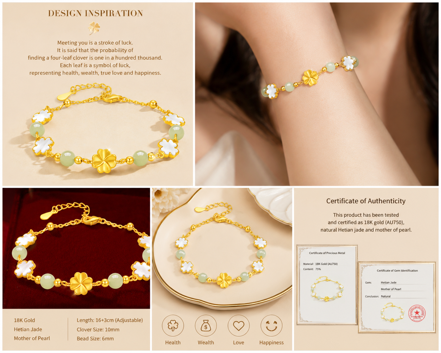 18K Solid Gold Four-Leaf Clover Bracelet – AU750