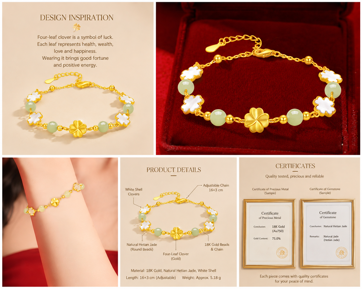 18K Solid Gold Four-Leaf Clover Bracelet – AU750