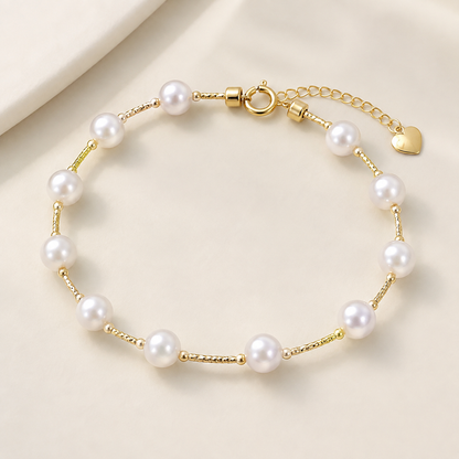 18K Gold Sea Water Pearl Bracelet, 5-6mm Round Pearls, Elegant Minimalist Style