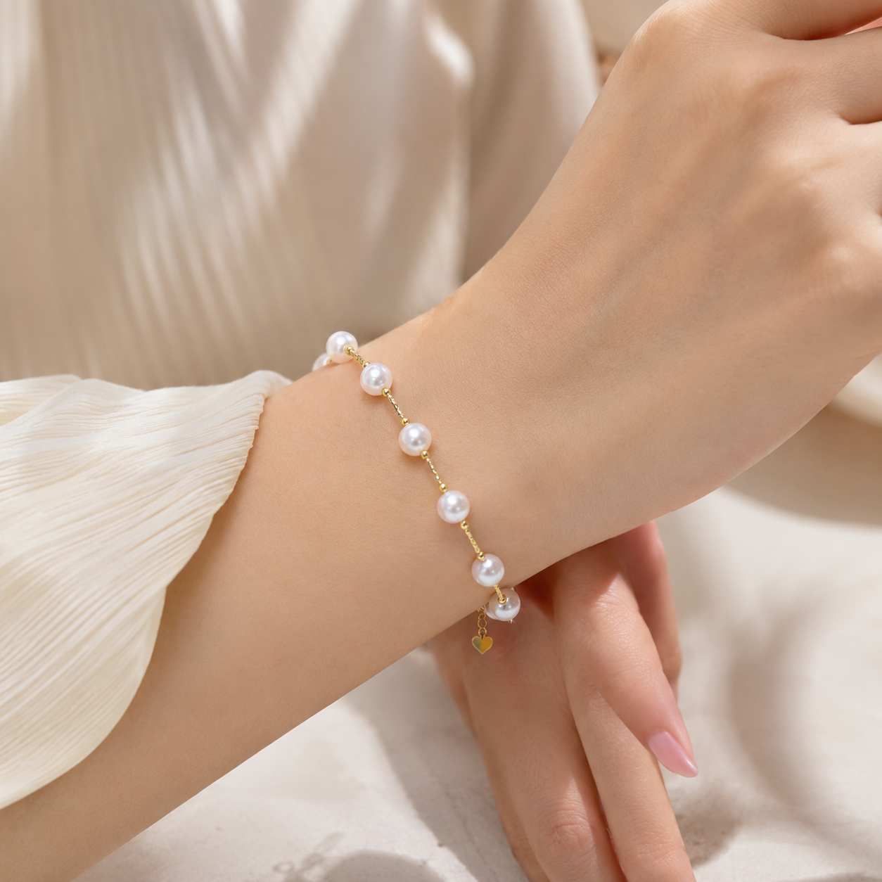 18K Gold Sea Water Pearl Bracelet, 5-6mm Round Pearls, Elegant Minimalist Style