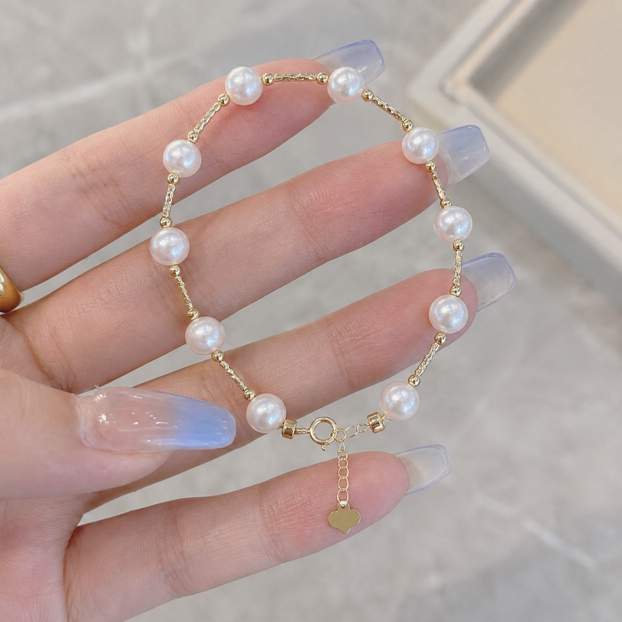 18K Gold Sea Water Pearl Bracelet, 5-6mm Round Pearls, Elegant Minimalist Style