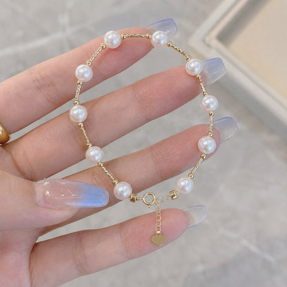 18K Gold Sea Water Pearl Bracelet, 5-6mm Round Pearls, Elegant Minimalist Style