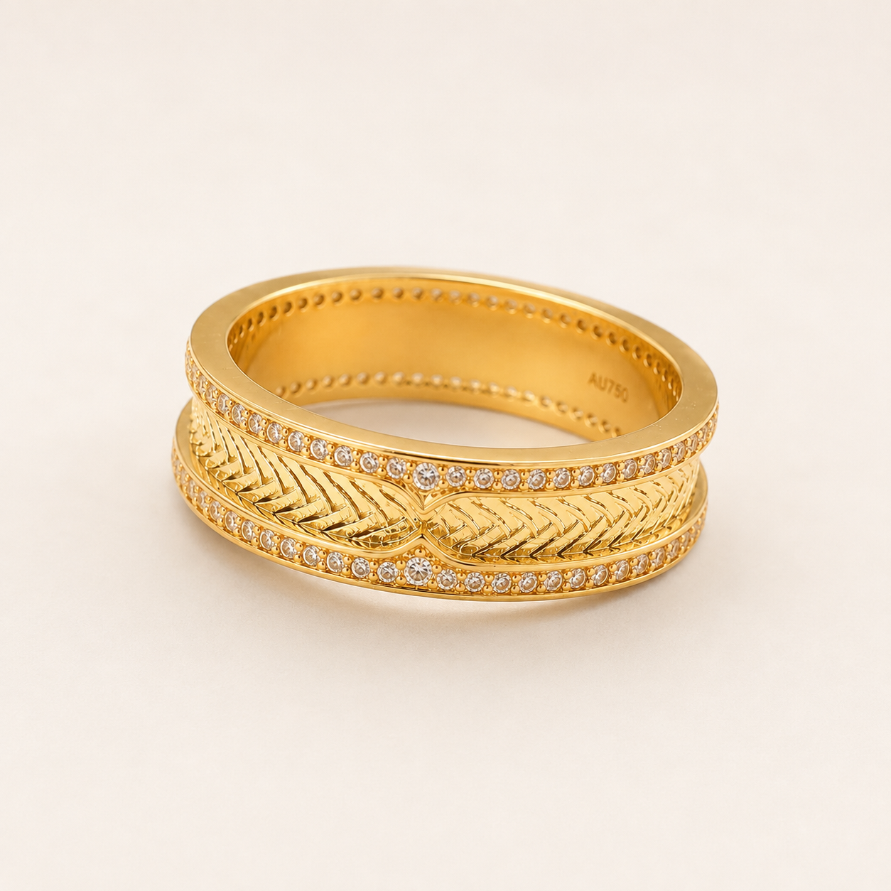 18K Yellow Gold Chevron Ring, Wide Band, Pavé Accent Stones, Unisex Luxury Wedding Band