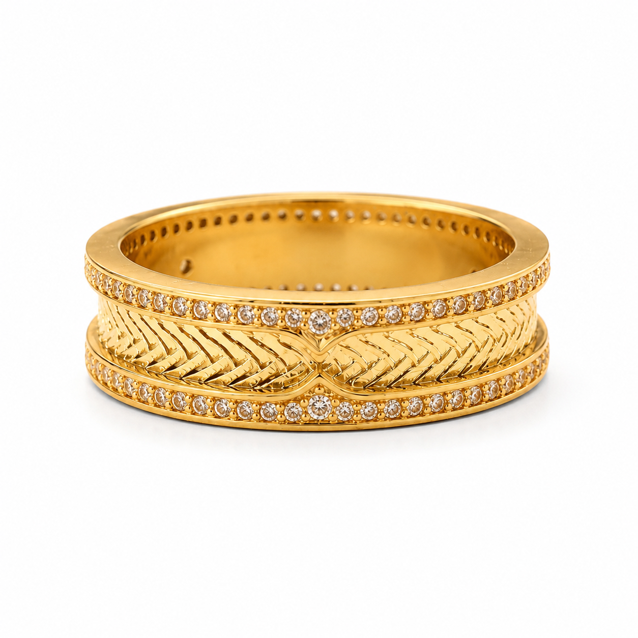 18K Yellow Gold Chevron Ring, Wide Band, Pavé Accent Stones, Unisex Luxury Wedding Band