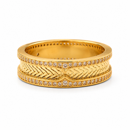 18K Yellow Gold Chevron Ring, Wide Band, Pavé Accent Stones, Unisex Luxury Wedding Band