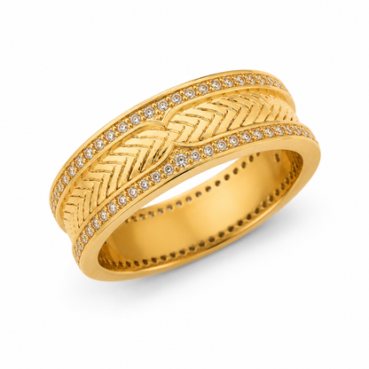 18K Yellow Gold Chevron Ring, Wide Band, Pavé Accent Stones, Unisex Luxury Wedding Band