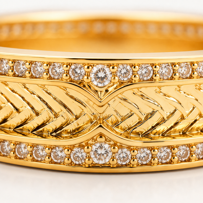 18K Yellow Gold Chevron Ring, Wide Band, Pavé Accent Stones, Unisex Luxury Wedding Band