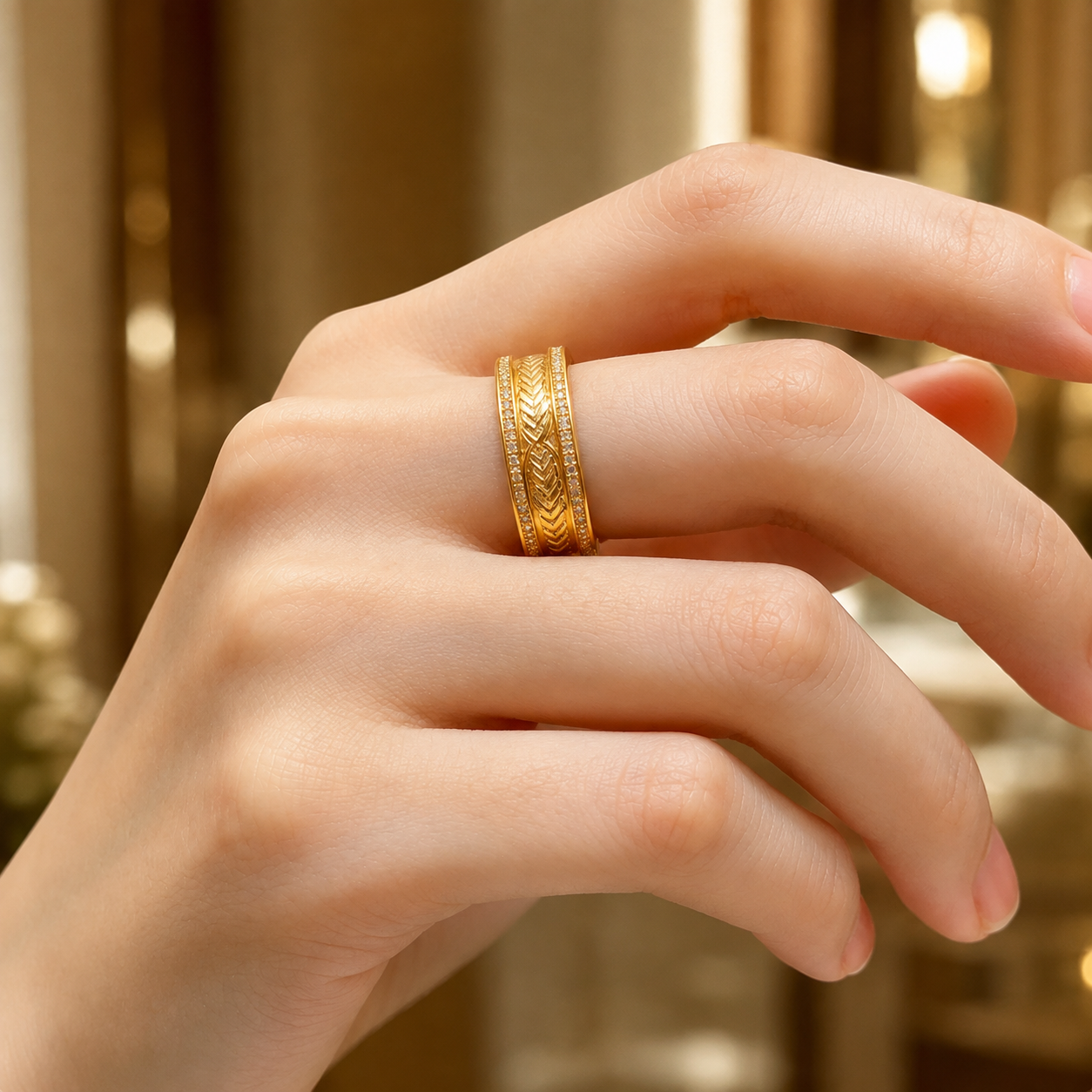 18K Yellow Gold Chevron Ring, Wide Band, Pavé Accent Stones, Unisex Luxury Wedding Band