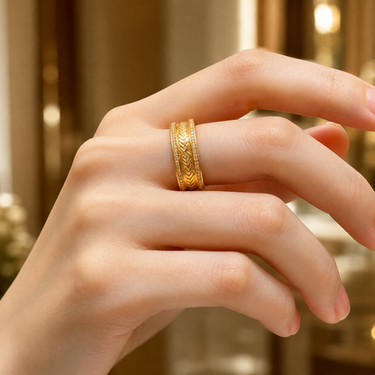 18K Yellow Gold Chevron Ring, Wide Band, Pavé Accent Stones, Unisex Luxury Wedding Band