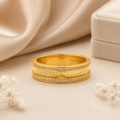18K Yellow Gold Chevron Ring, Wide Band, Pavé Accent Stones, Unisex Luxury Wedding Band