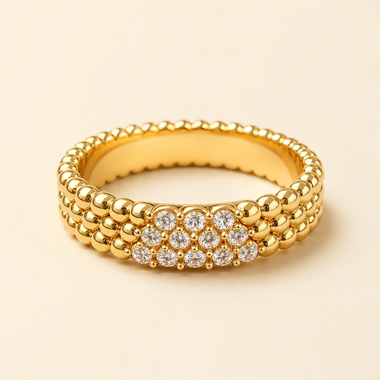 Gold Ring 18K Solid | Beaded Band Moissanite Inlay | Fine Jewelry Au750