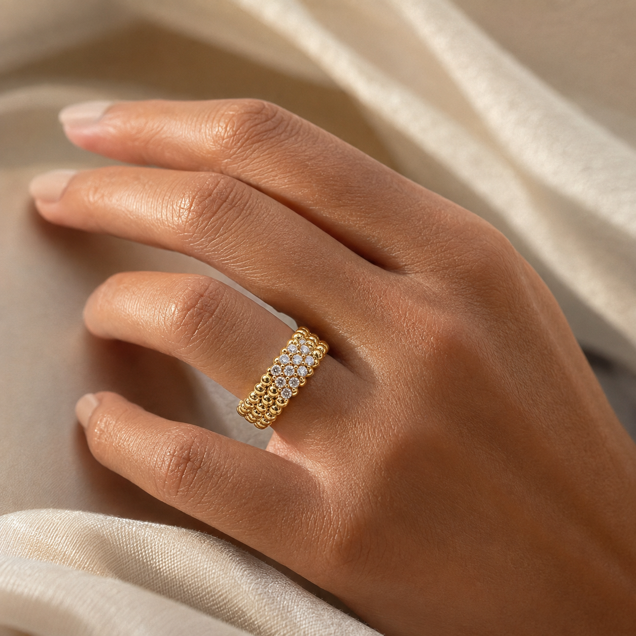 Gold Ring 18K Solid | Beaded Band Moissanite Inlay | Fine Jewelry Au750