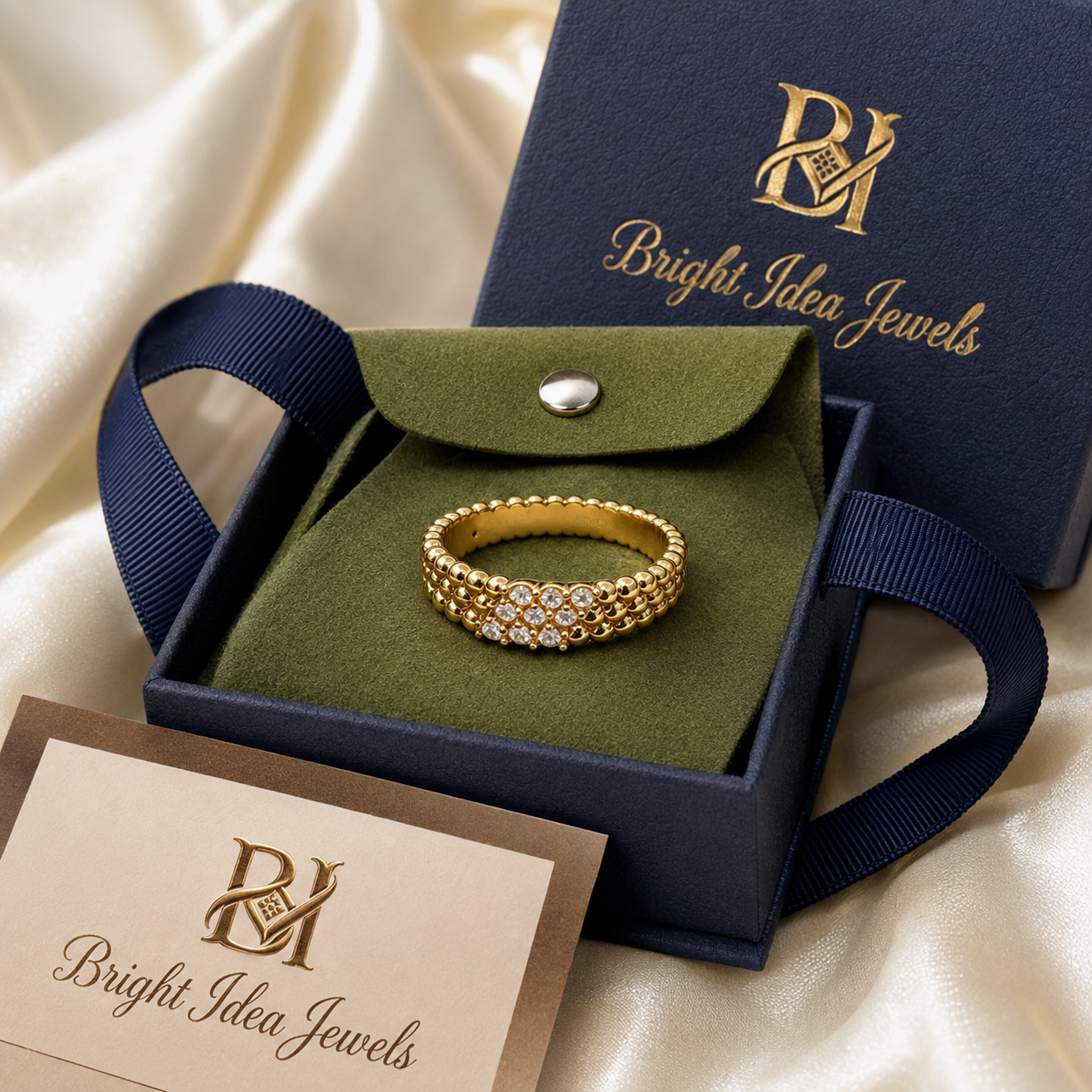 Gold Ring 18K Solid | Beaded Band Moissanite Inlay | Fine Jewelry Au750