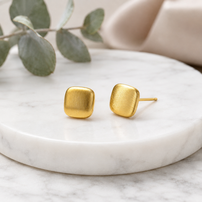 18K Solid Gold Brushed Square Stud Earrings – AU750