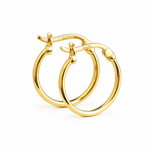 18K Solid Gold Polished Hoop Earrings – 15 mm