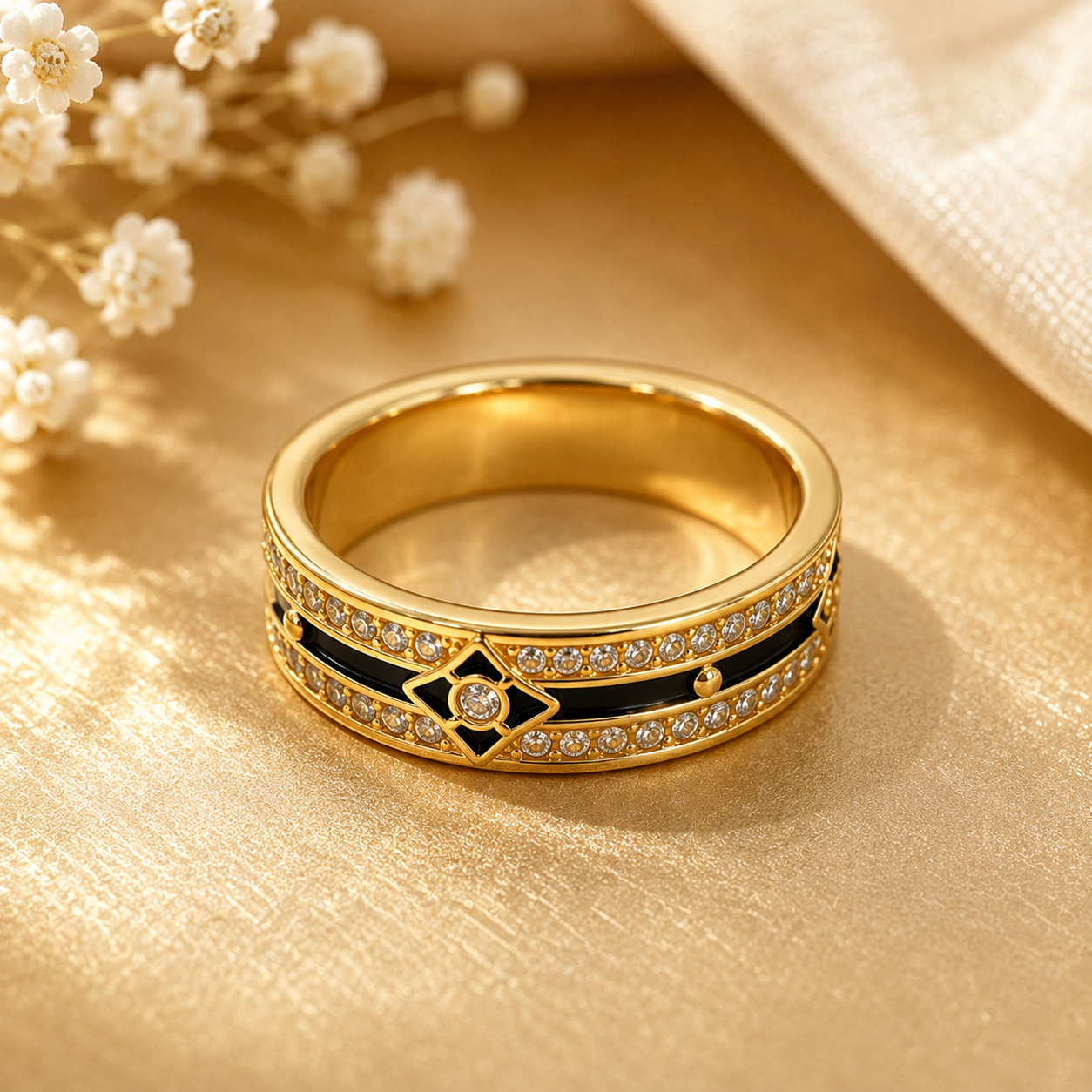 18K Solid Gold Black Enamel Ring, Double Row Sparkling Stones, Geometric Statement Band