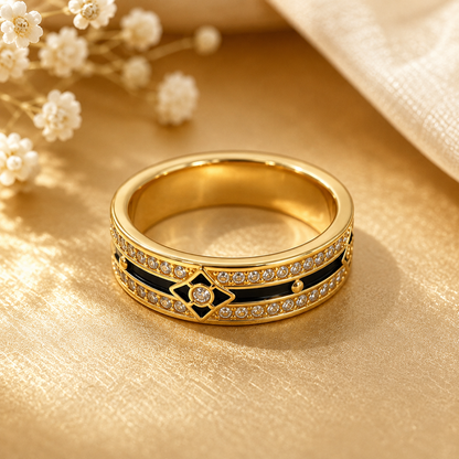 18K Solid Gold Black Enamel Ring, Double Row Sparkling Stones, Geometric Statement Band
