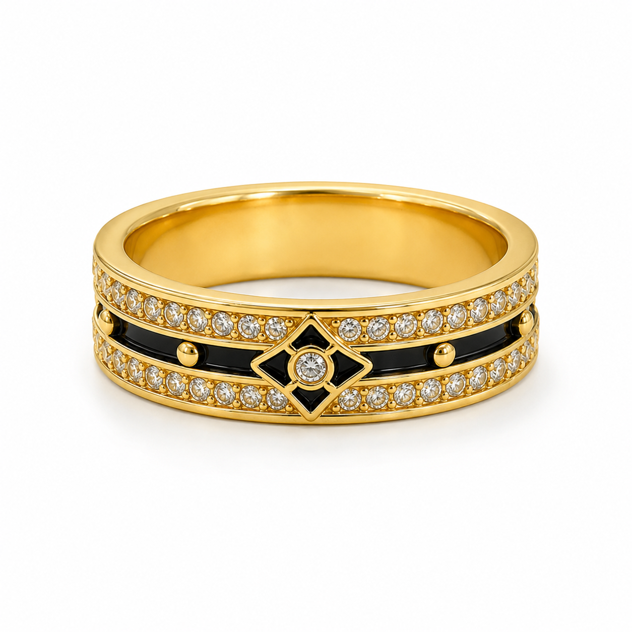 18K Solid Gold Black Enamel Ring, Double Row Sparkling Stones, Geometric Statement Band