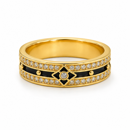 18K Solid Gold Black Enamel Ring, Double Row Sparkling Stones, Geometric Statement Band